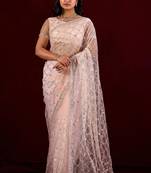 Indian powder peach sequin embroidery embroidered border net saree with unstitched blouse