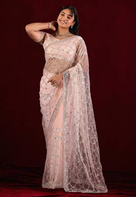 Indian powder peach sequin embroidery embroidered border net saree with unstitched blouse 2