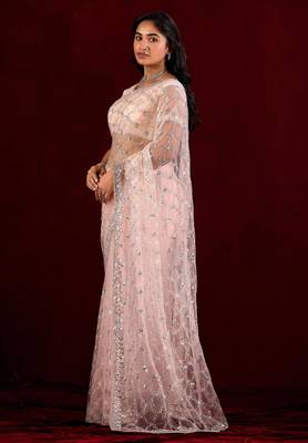 Indian powder peach sequin embroidery embroidered border net saree with unstitched blouse 3