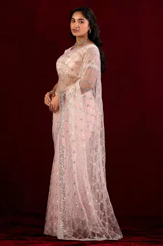 Indian powder peach sequin embroidery embroidered border net saree with unstitched blouse