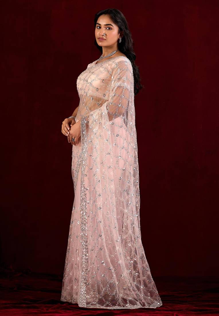 Indian powder peach sequin embroidery embroidered border net saree with unstitched blouse