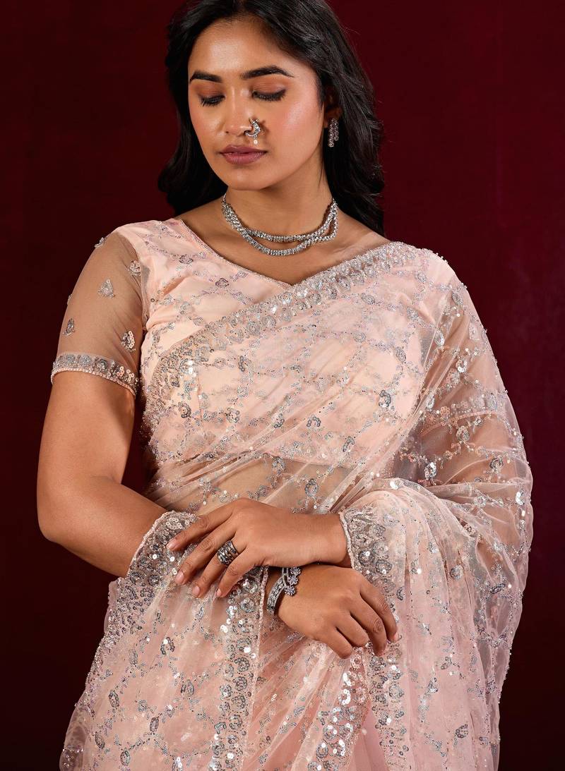Indian powder peach sequin embroidery embroidered border net saree with unstitched blouse