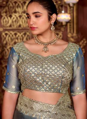 Ethnic blue diamond sequin jaal embroidered border mono nylon fabric saree with unstitched blouse 2