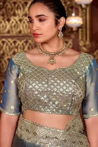 Ethnic blue diamond sequin jaal embroidered border mono nylon fabric saree with unstitched blouse