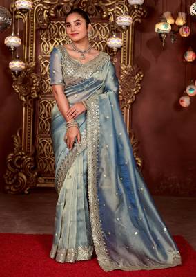 Ethnic blue diamond sequin jaal embroidered border mono nylon fabric saree with unstitched blouse 3