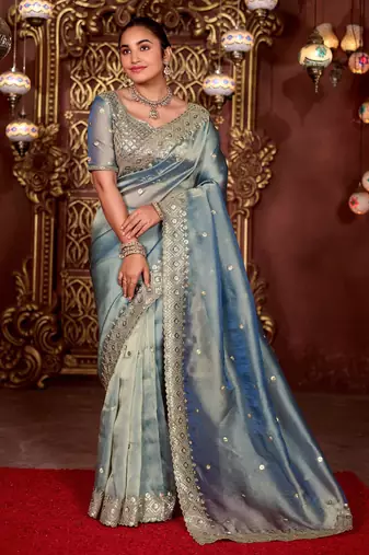 Ethnic blue diamond sequin jaal embroidered border mono nylon fabric saree with unstitched blouse