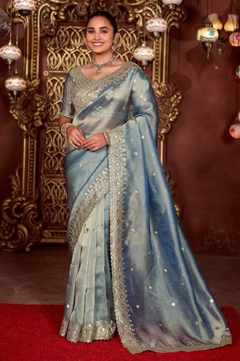 Ethnic blue diamond sequin jaal embroidered border mono nylon fabric saree with unstitched blouse