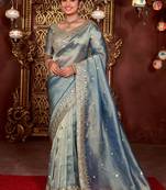 Ethnic blue diamond sequin jaal embroidered border mono nylon fabric saree with unstitched blouse