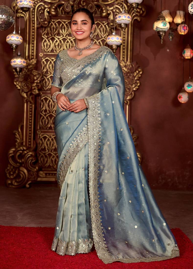 Ethnic blue diamond sequin jaal embroidered border mono nylon fabric saree with unstitched blouse