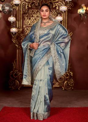 Ethnic blue diamond sequin jaal embroidered border mono nylon fabric saree with unstitched blouse 4