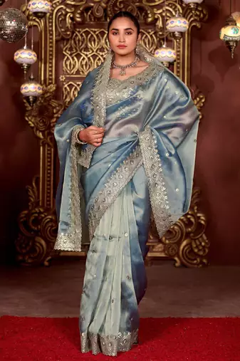 Ethnic blue diamond sequin jaal embroidered border mono nylon fabric saree with unstitched blouse