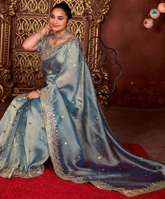 Ethnic blue diamond sequin jaal embroidered border mono nylon fabric saree with unstitched blouse 5