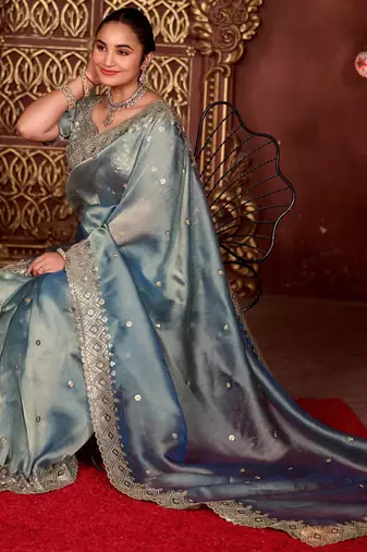 Ethnic blue diamond sequin jaal embroidered border mono nylon fabric saree with unstitched blouse