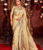 Trendy gold diamond sequin jaal embroidered border mono nylon fabric saree with unstitched blouse
