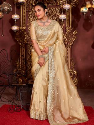 Trendy gold diamond sequin jaal embroidered border mono nylon fabric saree with unstitched blouse 2