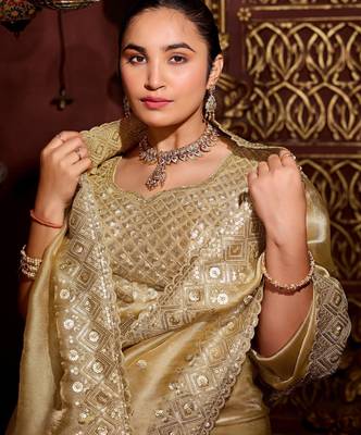Trendy gold diamond sequin jaal embroidered border mono nylon fabric saree with unstitched blouse 4