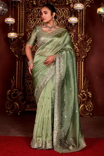 Traditional mahendi diamond sequin jaal embroidered border mono nylon fabric saree with unstitched blouse