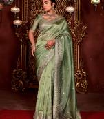 Traditional mahendi diamond sequin jaal embroidered border mono nylon fabric saree with unstitched blouse