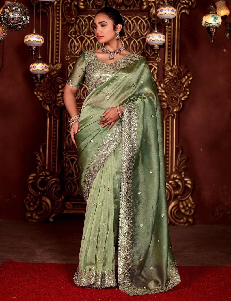 Traditional mahendi diamond sequin jaal embroidered border mono nylon fabric saree with unstitched blouse