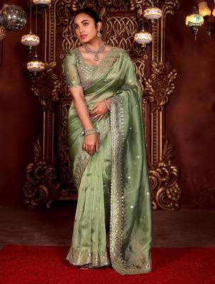 Traditional mahendi diamond sequin jaal embroidered border mono nylon fabric saree with unstitched blouse 2