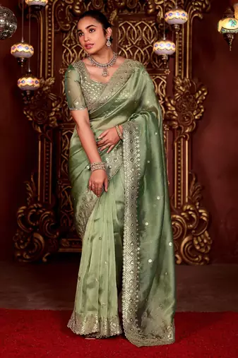 Traditional mahendi diamond sequin jaal embroidered border mono nylon fabric saree with unstitched blouse