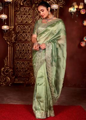 Traditional mahendi diamond sequin jaal embroidered border mono nylon fabric saree with unstitched blouse 3
