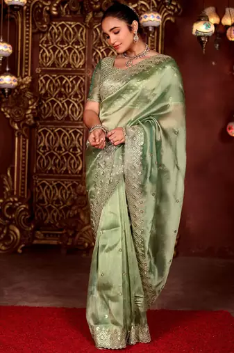 Traditional mahendi diamond sequin jaal embroidered border mono nylon fabric saree with unstitched blouse