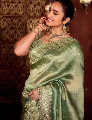 Traditional mahendi diamond sequin jaal embroidered border mono nylon fabric saree with unstitched blouse 4