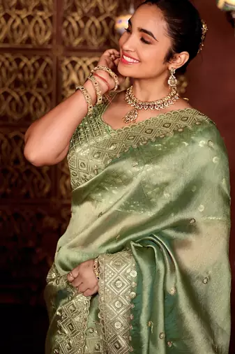 Traditional mahendi diamond sequin jaal embroidered border mono nylon fabric saree with unstitched blouse