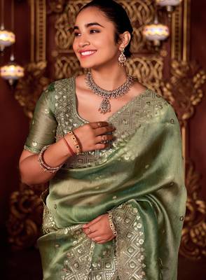 Traditional mahendi diamond sequin jaal embroidered border mono nylon fabric saree with unstitched blouse 5
