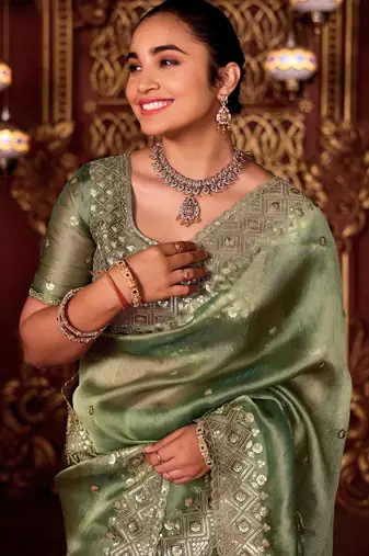 Traditional mahendi diamond sequin jaal embroidered border mono nylon fabric saree with unstitched blouse