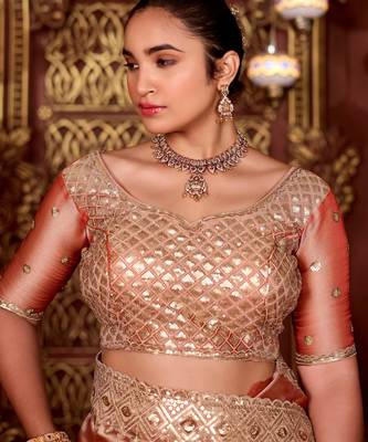 Indian peach diamond sequin jaal embroidered border mono nylon fabric saree with unstitched blouse 2