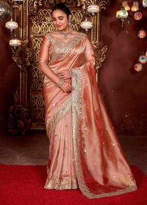 Indian peach diamond sequin jaal embroidered border mono nylon fabric saree with unstitched blouse 1