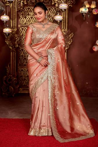 Indian peach diamond sequin jaal embroidered border mono nylon fabric saree with unstitched blouse