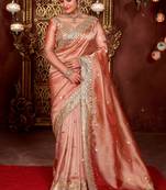 Indian peach diamond sequin jaal embroidered border mono nylon fabric saree with unstitched blouse