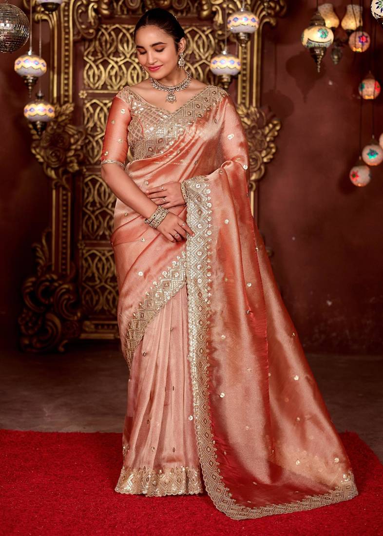 Indian peach diamond sequin jaal embroidered border mono nylon fabric saree with unstitched blouse