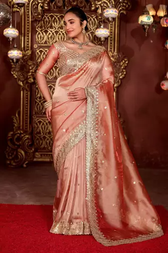 Indian peach diamond sequin jaal embroidered border mono nylon fabric saree with unstitched blouse