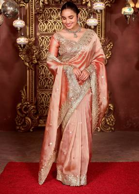Indian peach diamond sequin jaal embroidered border mono nylon fabric saree with unstitched blouse 4