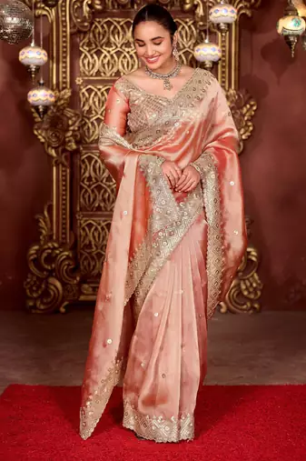 Indian peach diamond sequin jaal embroidered border mono nylon fabric saree with unstitched blouse