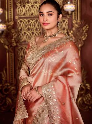 Indian peach diamond sequin jaal embroidered border mono nylon fabric saree with unstitched blouse 5