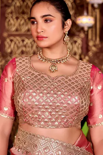 Elegance pink diamond sequin jaal embroidered border mono nylon fabric saree with unstitched blouse