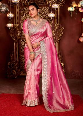 Elegance pink diamond sequin jaal embroidered border mono nylon fabric saree with unstitched blouse 3