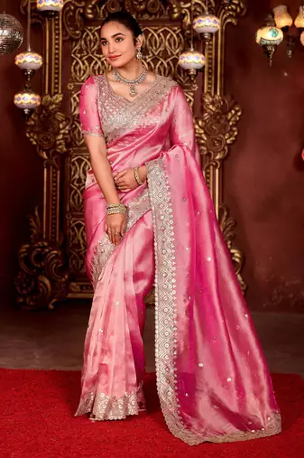 Elegance pink diamond sequin jaal embroidered border mono nylon fabric saree with unstitched blouse