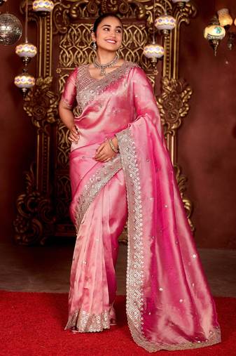 Elegance pink diamond sequin jaal embroidered border mono nylon fabric saree with unstitched blouse