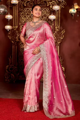 Elegance pink diamond sequin jaal embroidered border mono nylon fabric saree with unstitched blouse