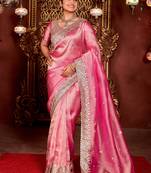 Elegance pink diamond sequin jaal embroidered border mono nylon fabric saree with unstitched blouse