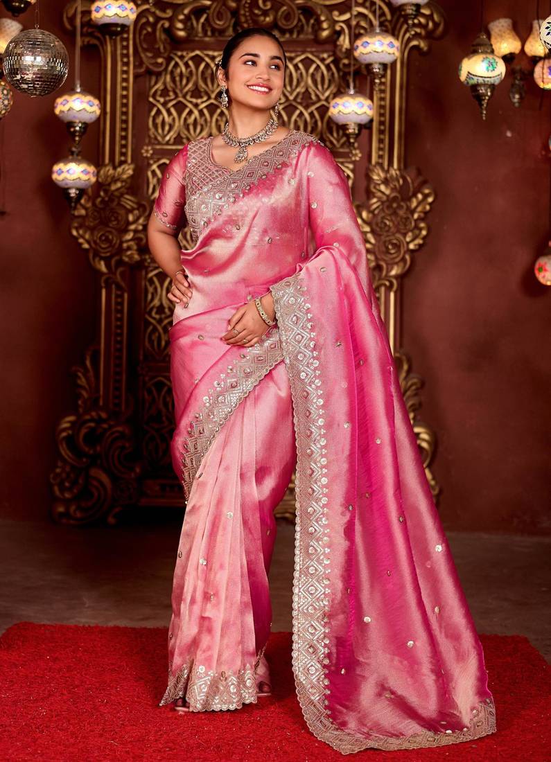 Elegance pink diamond sequin jaal embroidered border mono nylon fabric saree with unstitched blouse