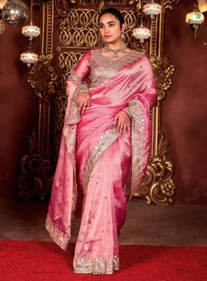 Elegance pink diamond sequin jaal embroidered border mono nylon fabric saree with unstitched blouse 4