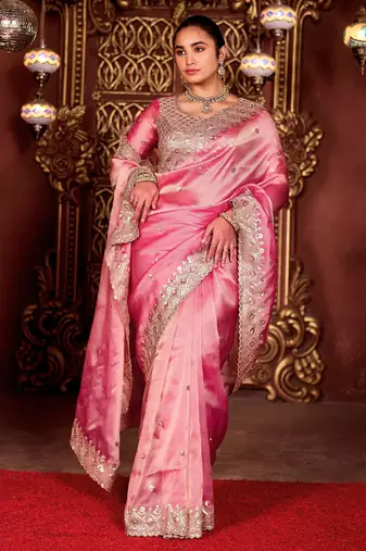 Elegance pink diamond sequin jaal embroidered border mono nylon fabric saree with unstitched blouse