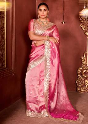 Elegance pink diamond sequin jaal embroidered border mono nylon fabric saree with unstitched blouse 5